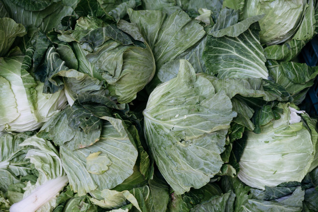 Services-02 Close-up of fresh green cabbages on display at a market.
